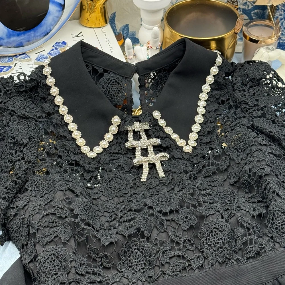 🆕 SELF PORTRAIT 🧿 NWOT Black Guipure Diamante Lace Mini Dress - Sz UK 10 US 6 - Picture 14 of 16